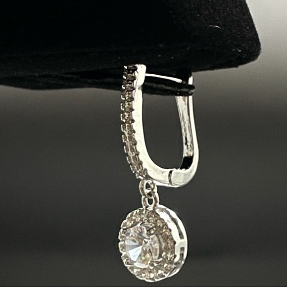 925 Sterling Silver‎ Diamond Halo Dangle Earrings - Picture 10 of 12